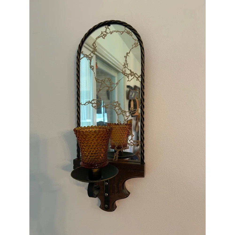 Vintage Wood Mirror Wall Sconce Candle Holder Amber Hobnail Glass Peg Votive